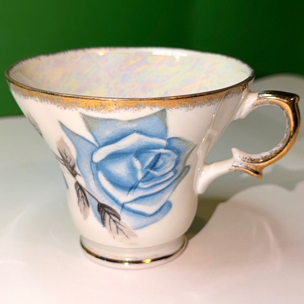 Vintage Blue Rose Iridescent Lusterware Teacup Gold Trim Japan Style Cottagecore